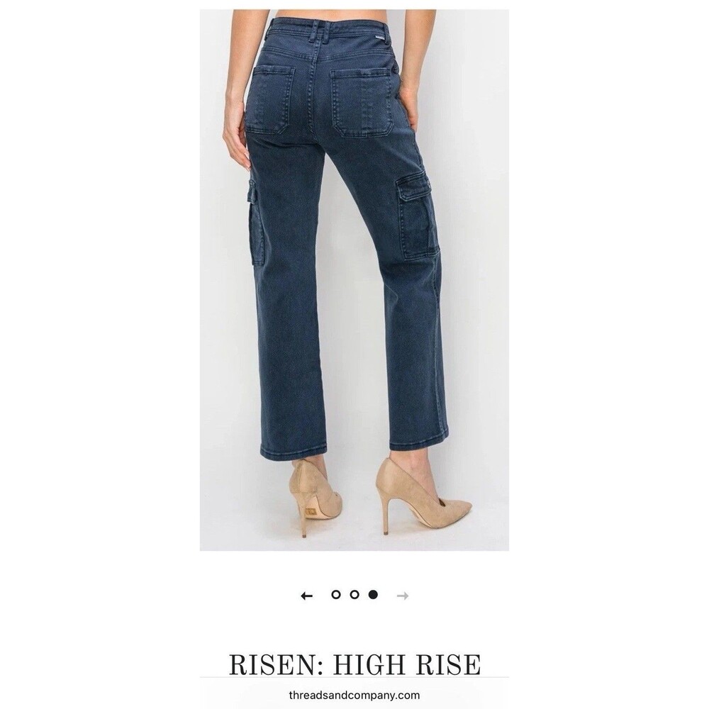 Risen Jeans 9/29 Cargo High Rise Navy Blue Stretch Denim Womens Jeans NWT - Picture 2 of 8